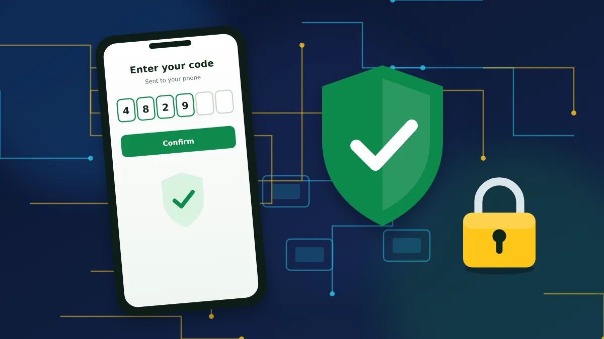 Phone asking for a six-digit code beside a shield and a padlock