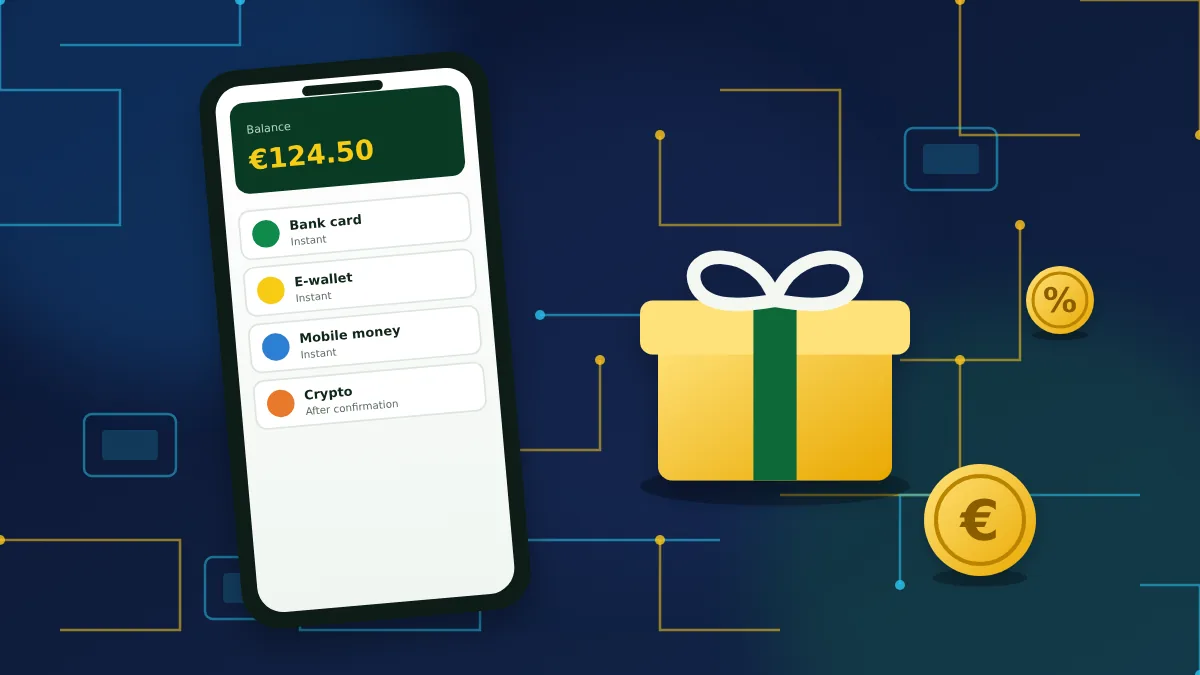 Phone showing an account balance next to a gift box and coins