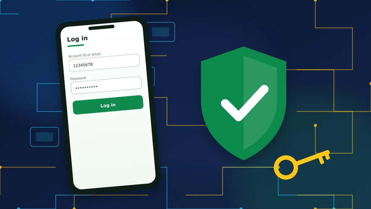 Phone with a login form, a green security shield and a key