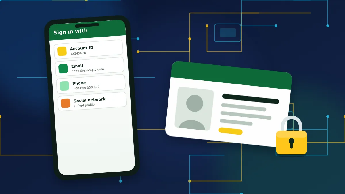 Phone listing four sign-in options next to an identity card
