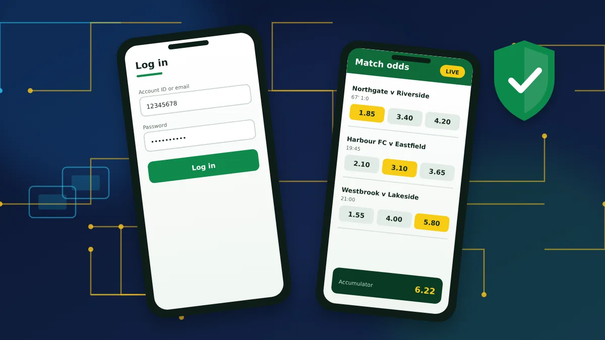 Two phones, one with a login form and one showing match odds after signing in