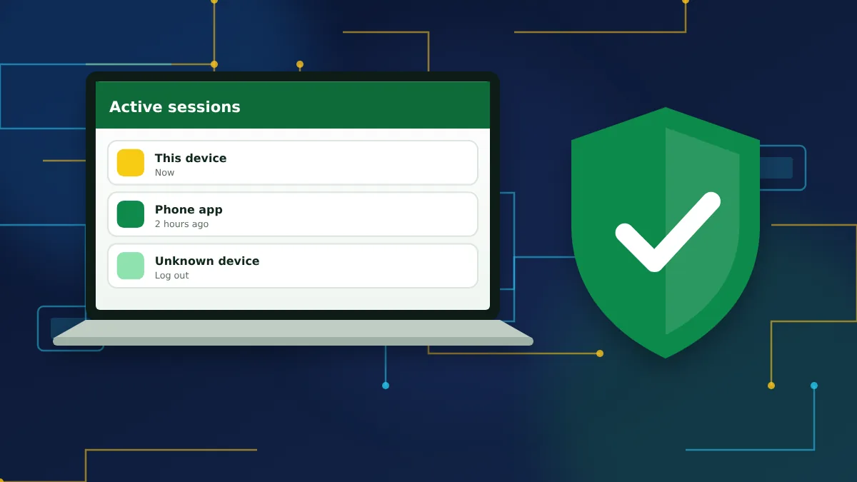 Laptop showing a list of active sessions with a security shield