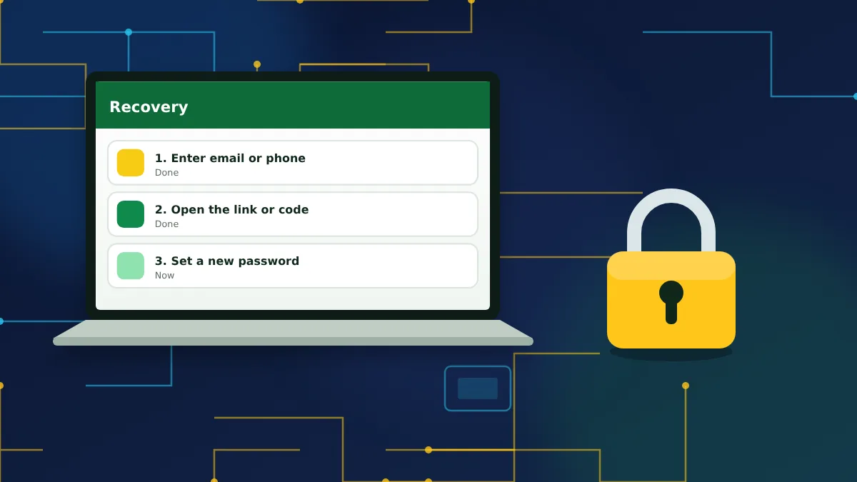 Laptop listing three recovery steps beside a padlock